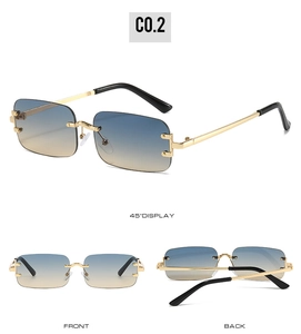 Three-view display of rimless rectangle sunglasses with blue gradient lenses and gold frames