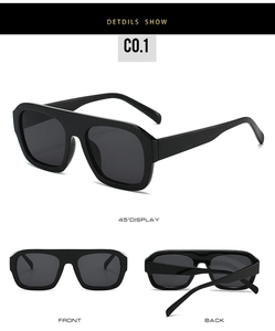 Detail view of large flat top square sunglasses in glossy black finish for men and women