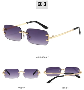 Three-way view of rimless rectangular sunglasses with purple gradient lenses and gold temples