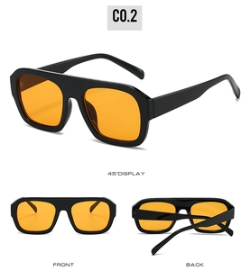 Detailed views of vintage square sunglasses with black frames and orange lenses