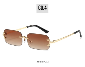 Detail view of rimless rectangle sunglasses with brown gradient lenses and gold metal arms
