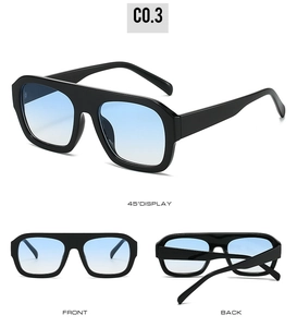 Detailed views of black square frame sunglasses with gradient blue lenses from three angles