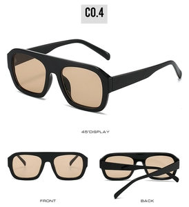 Detailed multi-angle views of black square oversized sunglasses with amber lenses