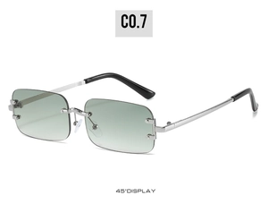 Detailed 45-degree view of silver metal temples and gradient green rimless lenses