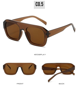 Detail view showing front, back, and 45-degree angle of brown oversized square sunglasses