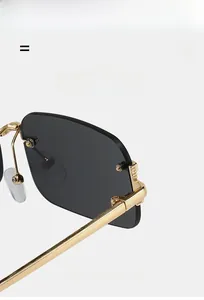 Detail of rimless square sunglasses showing gold metal hinge and high elastic texture