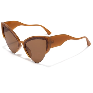 Brown cat eye sunglasses with woven texture frames and UV protection lenses