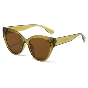 Translucent olive green cat-eye sunglasses with brown lenses shown from a 45-degree angle