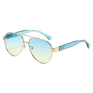 Classic gold metal aviator sunglasses with blue and yellow gradient lenses for men