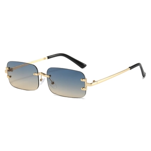 Frameless rectangle sunglasses with blue-yellow gradient lenses and gold metal frames