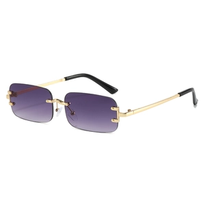 Fashionable rimless rectangular sunglasses with purple gradient lenses and gold metal frame