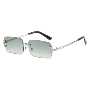 Frameless rectangular sunglasses with green gradient lenses and silver metal temples