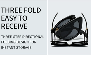 Detail view of the three-step folding mechanism on these compact cat-eye sunglasses