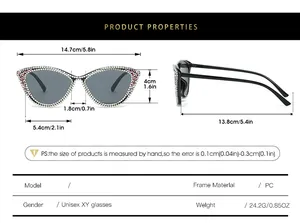Detailed size chart for cat eye sunglasses with frame measurements and PC material specs