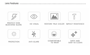 Detailed feature icons showing HD vision and anti-glare protection for cat-eye sunglasses