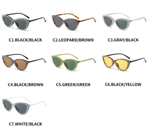 Matrix of cat eye sunglasses with rhinestone frames in seven stylish color combinations