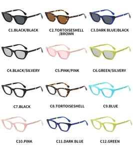 Matrix display of twelve colorful cat-eye folding sunglasses and fashion optical frames