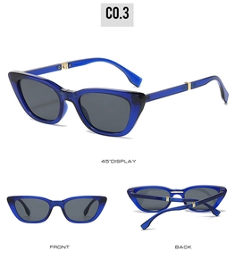 Detailed views of blue cat eye folding sunglasses with gold hinges and grey lenses