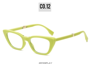 Detail of folding cat-eye sunglasses featuring lime green frames and gold metal hinges