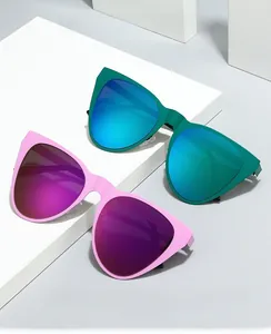 Close-up of cat-eye frames with colorful reflective lenses for stylish eye protection