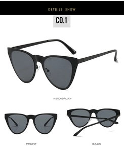 Three perspectives of black cat-eye sunglasses with dark grey polarized lenses