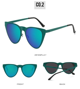 Three-angle display of dark green cat-eye sunglasses with gradient reflective lenses