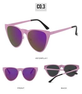 Cat eye sunglasses showing 45-degree, front and back views with pink frames and purple lenses