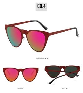 Detailed views of vintage cat-eye sunglasses with burgundy frames and pink gradient lenses