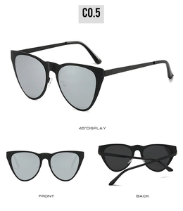 Detailed multi-angle views of matte black cat eye sunglasses with silver mirrored lenses