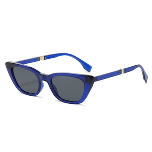 Foldable cat eye sunglasses with translucent blue frames and dark grey polarized lenses