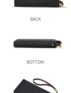 Pochette en cuir noir texturé montrant les vues arrière, de dessous et de profil doré
