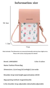 Detailed size specifications for the mini touchscreen phone crossbody bag in pink floral