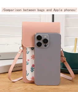 Detail view of mini floral crossbody phone bag compared with a smartphone on a desk