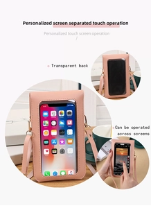 Detail view of pink crossbody phone bag with transparent touch screen window and gold hooks