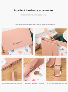Detail of pink floral phone bag featuring gold hardware and adjustable crossbody strap