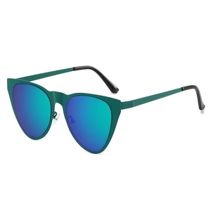 Retro cat-eye sunglasses with matte green frames and blue-green gradient lenses