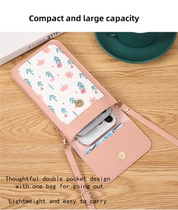Detail of floral pink crossbody phone bag showing double pocket and magnetic closure