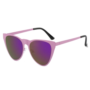 Fashionable pink cat-eye sunglasses with purple mirror lenses in a 45-degree side view