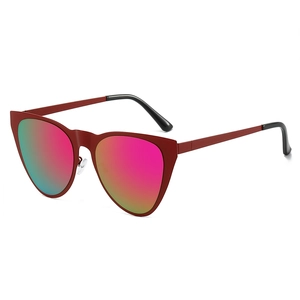 Classic cat-eye sunglasses in burgundy metal frame with pink-green gradient mirror lenses