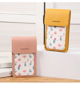 Detail of lychee pattern leather bags with floral print and JIANG & BAO logo