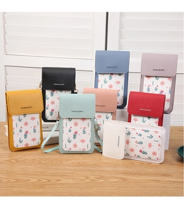Detailed grid of mini crossbody phone bags in eight vibrant colors with floral accents