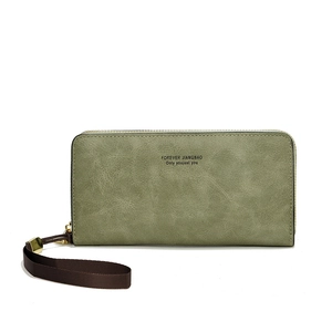 Long sage green zipper wallet for women with wrist strap and printed slogan