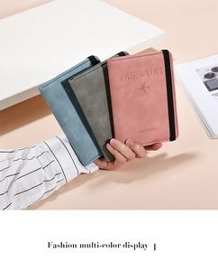 Detail showing PU leather passport covers with elastic bands and airplane logo