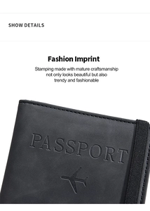 Detail of black PU leather passport holder with embossed plane icon and elastic closure