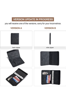 Comparison of PU leather travel wallet versions A and B with RFID blocking and card slots