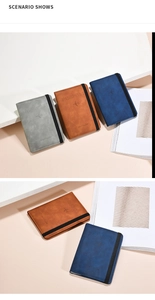 Detail of travel wallets in gray, brown and blue with elastic bands and plane logos
