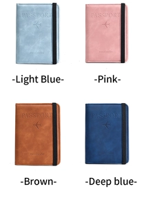 Collage showing PU leather passport covers in four colors with elastic security strap