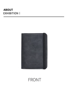 Detail view of black PU leather travel wallet with elastic band and embossed passport text