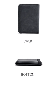 Detail view of the back and bottom of a black PU leather passport cover with elastic band