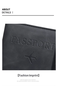 Detail view of black PU leather passport holder with embossed plane and text design